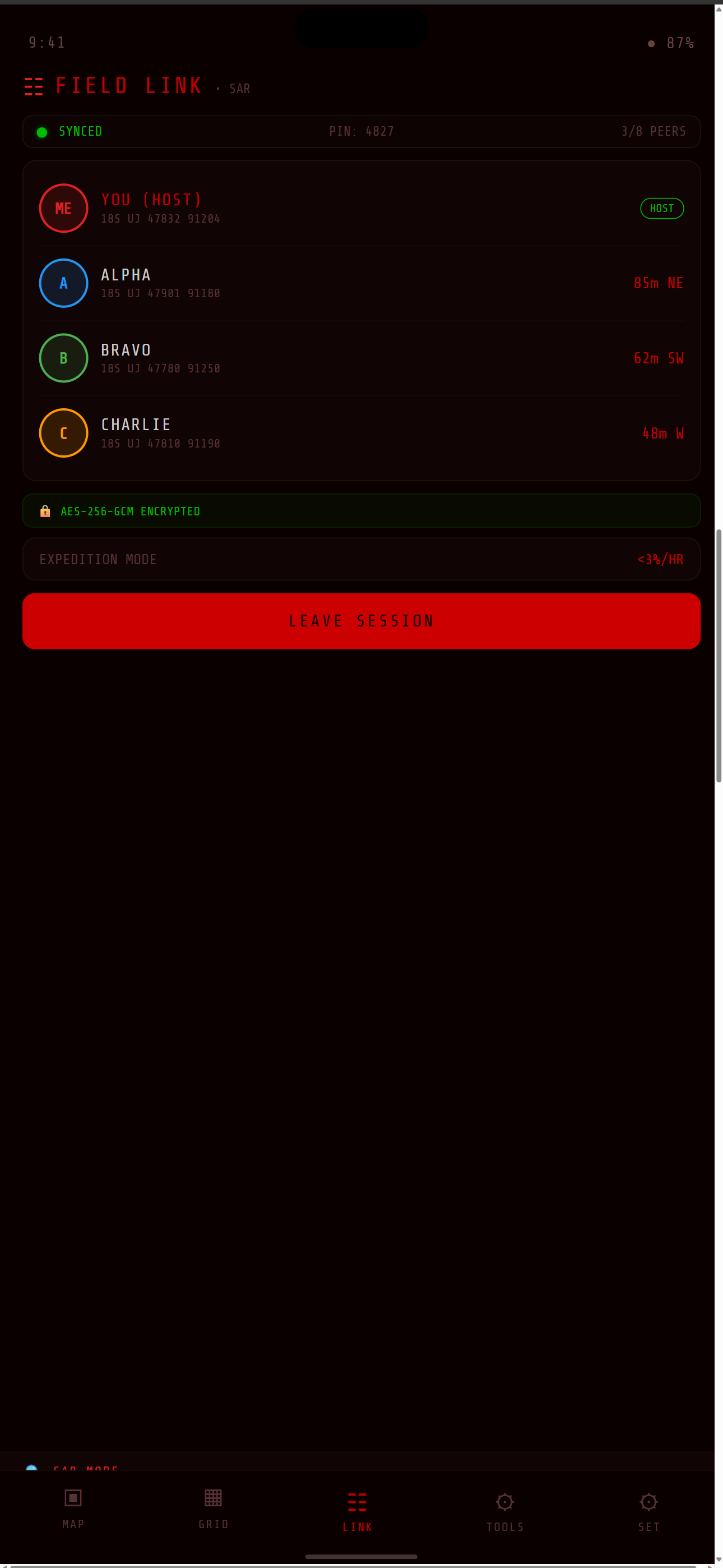 Field Link encrypted team sync session