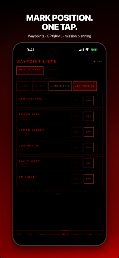 Mark Position and mission waypoint lists