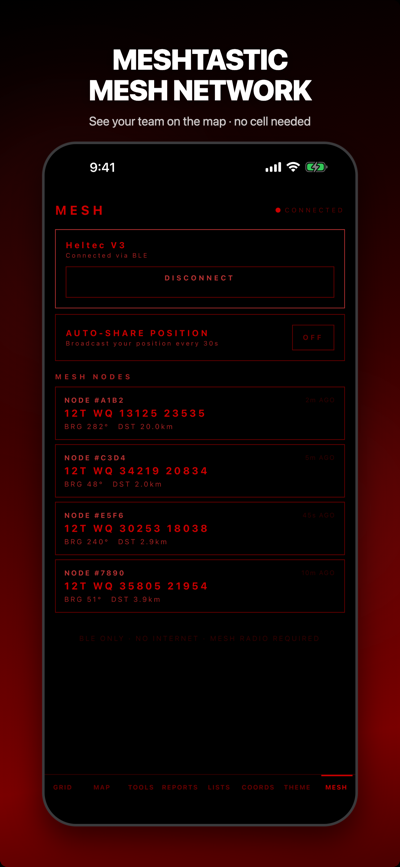 Meshtastic mesh network with connected radio and node list