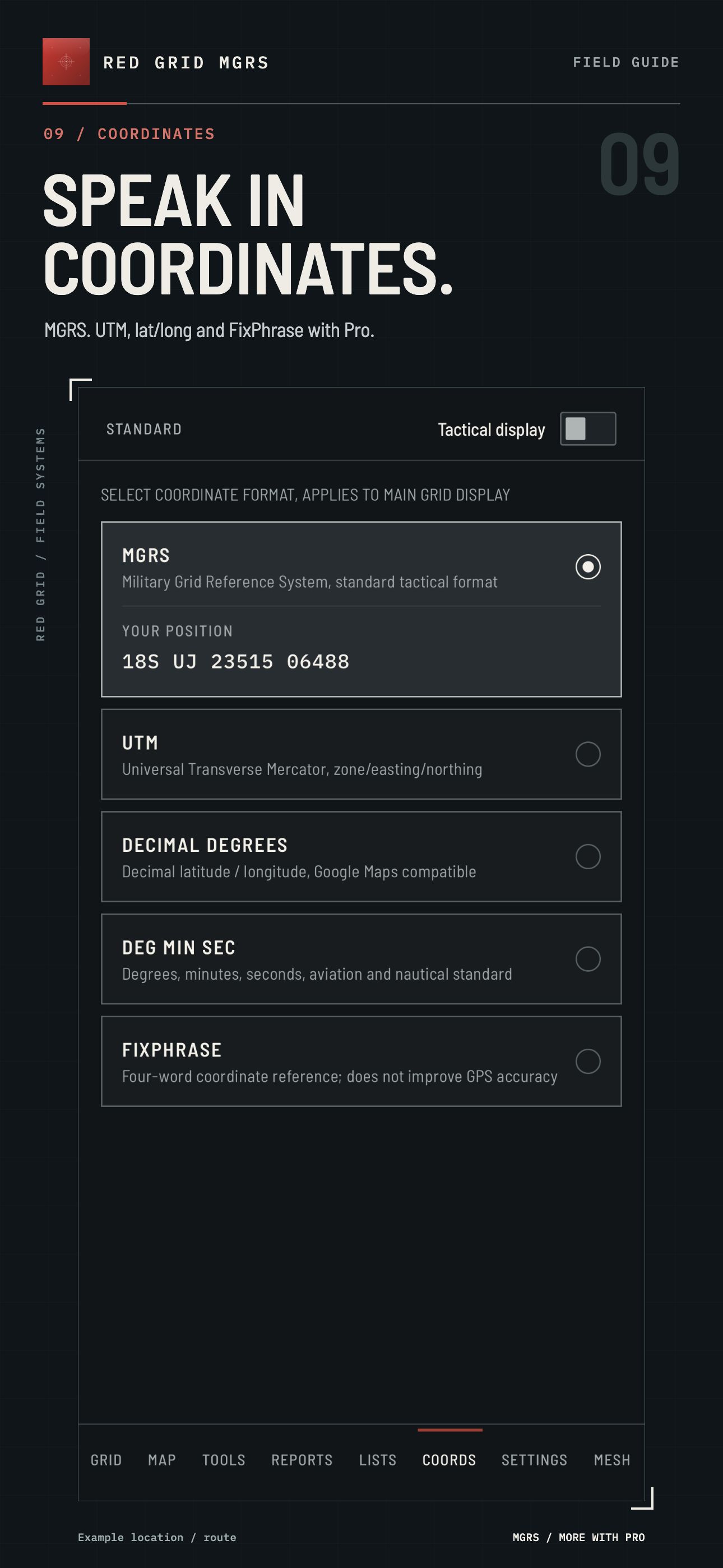 SPEAK IN COORDINATES. · MGRS / MORE WITH PRO